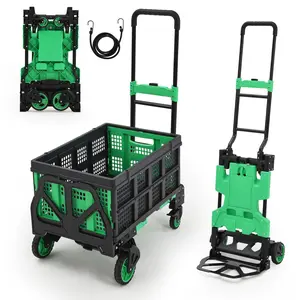 Garvee 2-In-1 Folding Hand Truck Dolly Cart with 330 Lbs Capacity, Heavy Duty Foldable Basket, Retractable Handle, and Rubber Wheels for Luggage, Moving, Shopping, and Office Use in Green