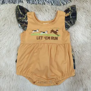 Flutter sleeves hunting dog deer embroidery camo ruffle bubble baby girls romper