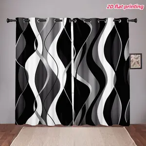 2D Flat 2Pcs Abstract Wave Printed Window Curtains, Window Drapes, Modern Black White Grey Swirl Pattern, Geometric Stripe Design, with Loop, Perforated, Semi Sunshade, for Home Living Room Bedroom Balcony Decor, Privacy Grommet Curtains