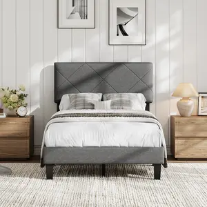 Bed Frame with Upholstered Headboard, Platform Bed Frame with Wooden Slat Support, Easy Assembly Bed Frame, No Box Spring Needed, Noise-Free, Heavy Duty for Bedroom, Guest Room