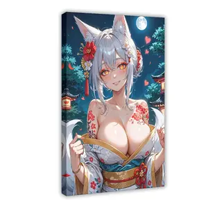 Anime Fox in Kimono Girl Canvas Poster Wall Art for Home Bedroom Office Dorm Room Decor