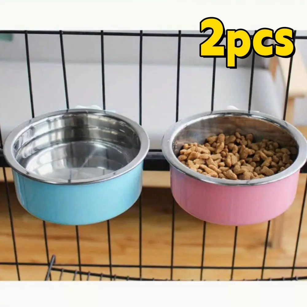 2pcs Hanging Pet Cage Feeder Bowls (4.92 in Diameter) - Removable Stainless Steel & Plastic Food/Water Dispenser for Small Pets (Dogs, Cats, Rabbits, Guinea Pigs, Birds, Ferrets, Squirrels) with Cage Assembly Fit