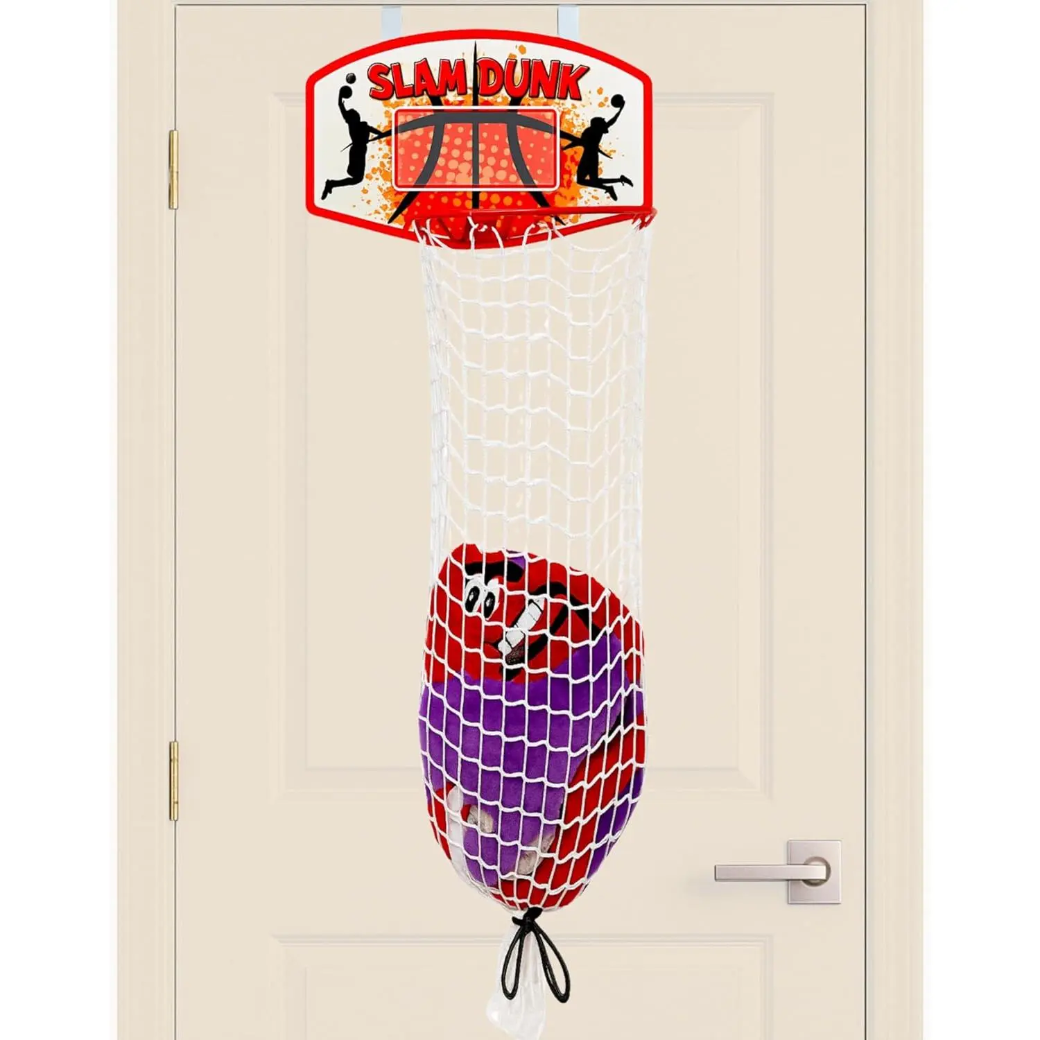 2-in-1 Over-the-Door Mount Basketball Hoop Laundry Hamper Organiser - Durable Synthetic Modern Home Supplies Accessory with Slam Dunk Print, Rectangular Backboard, Single Compartment, Easy Empty Individual Pack for Boys' Bedroom, Kid Room