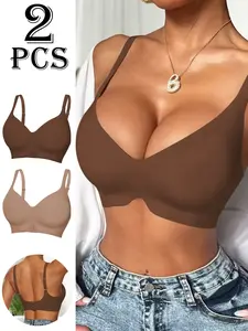 Women's Steel-Free V-Neck Sports Bra Set, Comfortable Jelly Gel Gathered Bust, Suitable for All Seasons, 2 Pieces