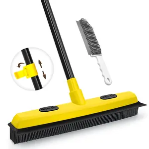 JEHONN Rubber Broom with Squeegee, Pet Hair Remover 52.8 inches Long Handle, Push Fur Removal Tool with Portable Detailing Lint Brush for Fluff Carpet, Window, Tile, Hardwood Floor Cleaning (Yellow) rubber broom carpet broom
