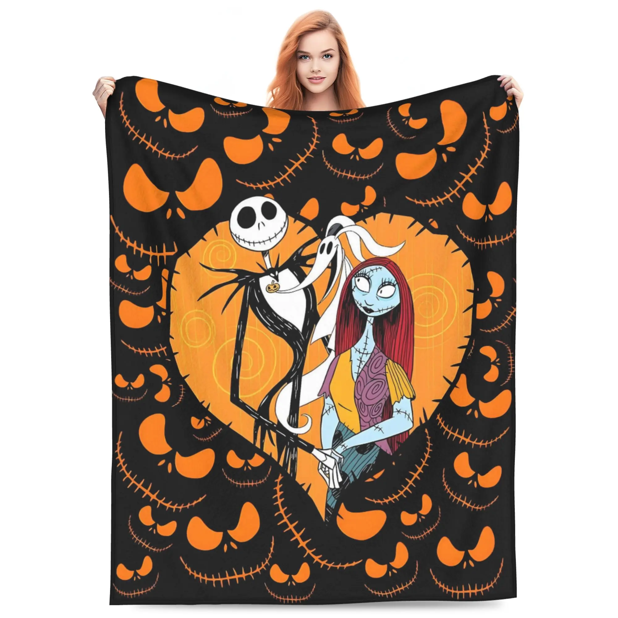 DISNEY CLASSIC Nightmare Before Christmas Jack Sally Zero Heart Pumpkin Throw Blanket, Halloween Skull Pumpkin Stitch Black Orange Background Print, Soft Flannel Lightweight Cozy Blanket for Sofa Bed Halloween Decor