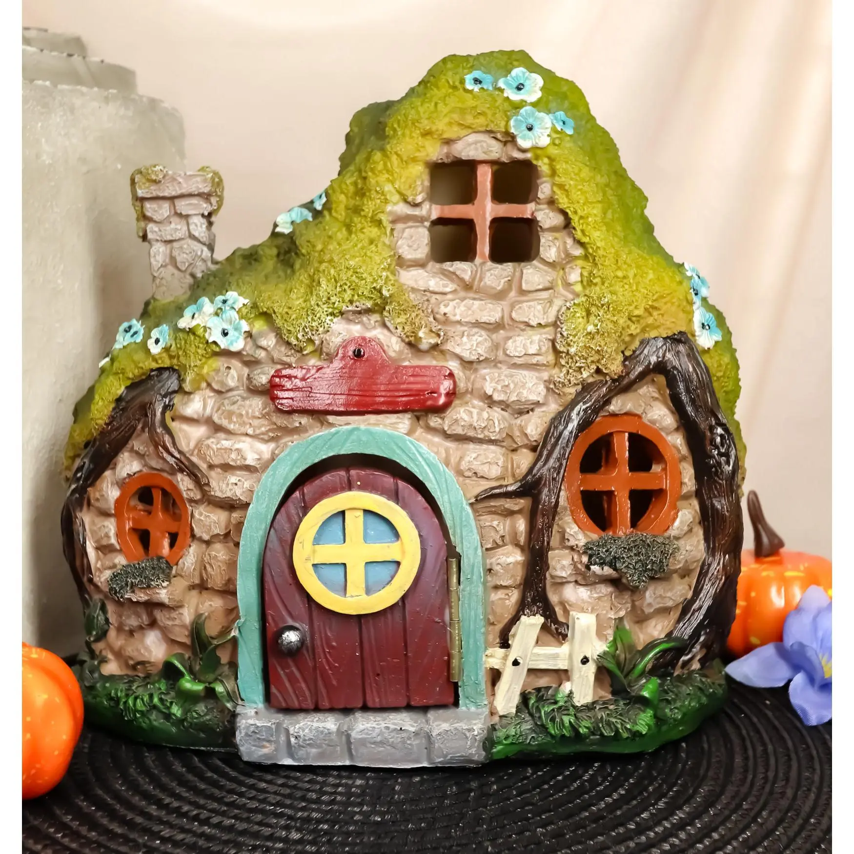 Ebros LED Light Up Miniature Enchanted Fairy Garden Stone Cottage House W/ Moving Door