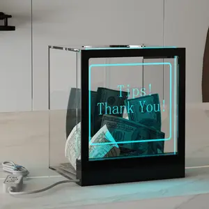 Lighted Up Tip Jar with Large Opening, Suggestion Box for Tip Collection & Donation, Hundreds Changing Colors LED Lights Tip Box with Customizable Message Sign for Money, Voting and Ballot