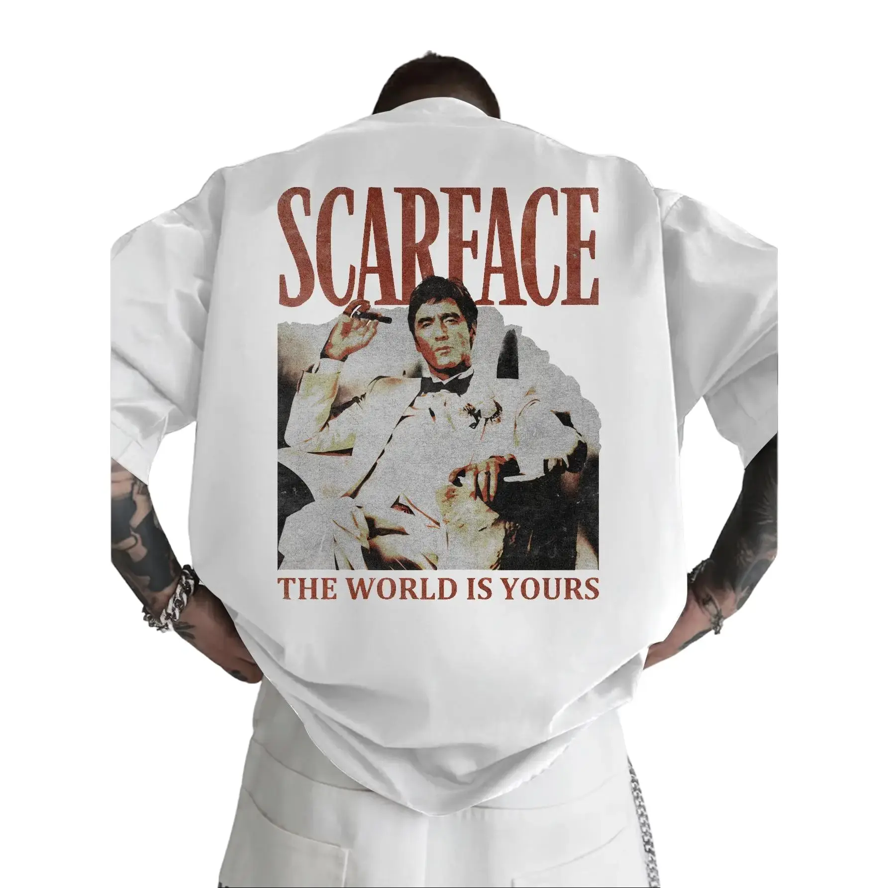 [ Streetwear Item] Scarface "The World Belongs to You" Retro Distressed Print Oversized Black Short-Sleeve Shirt - Retro movie pattern h-hop aesthetic, unisex, Y2K street style casual summer outfit, Tshirt, Round Neck