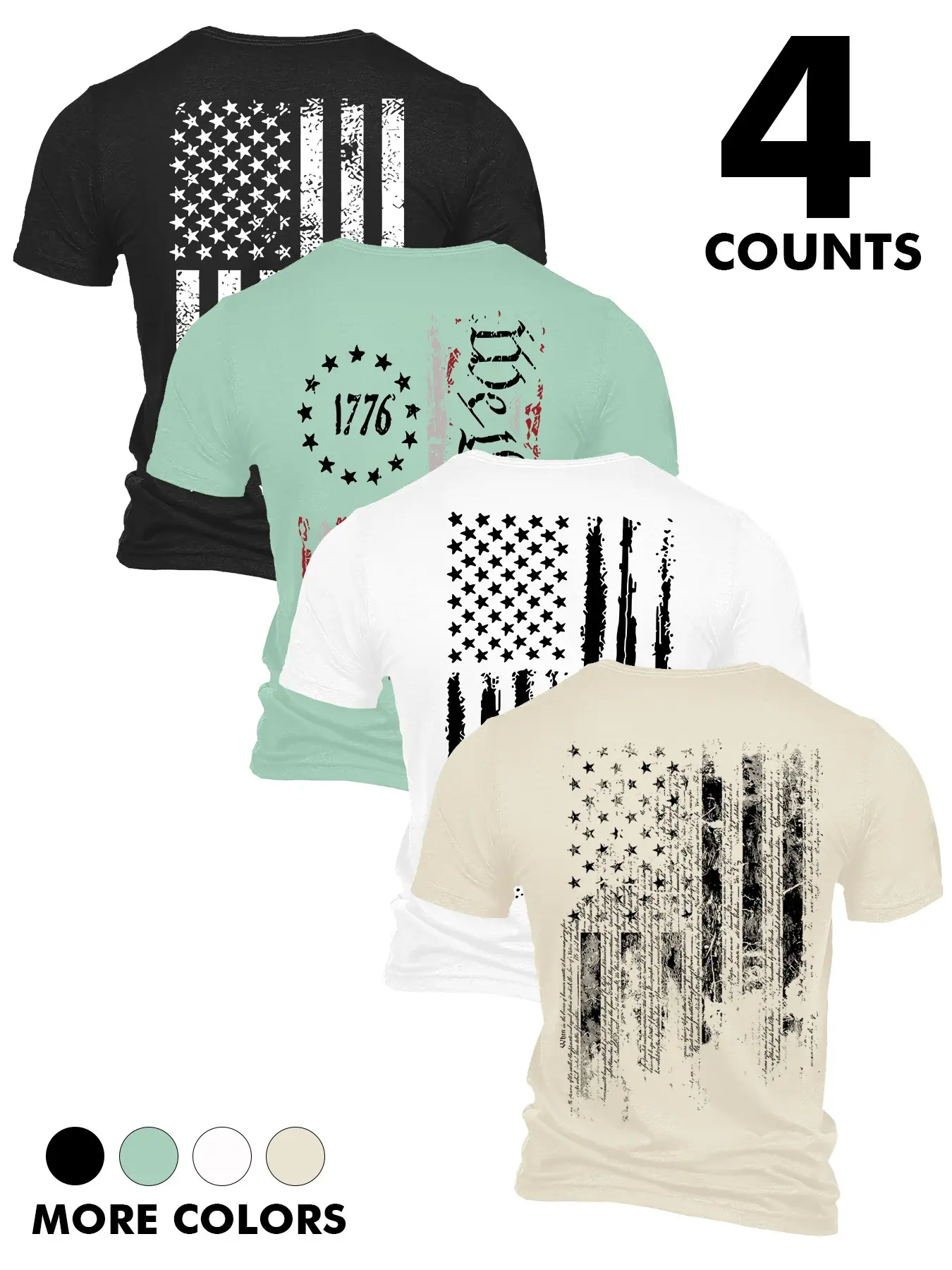 Men's 4-Pack Patriotic 1776 T-Shirts, Distressed American Flag & We The People Graphic, Short Sleeve Tees for Independence Day, Casual Wear Streetwear #tiktokmademebuyit
