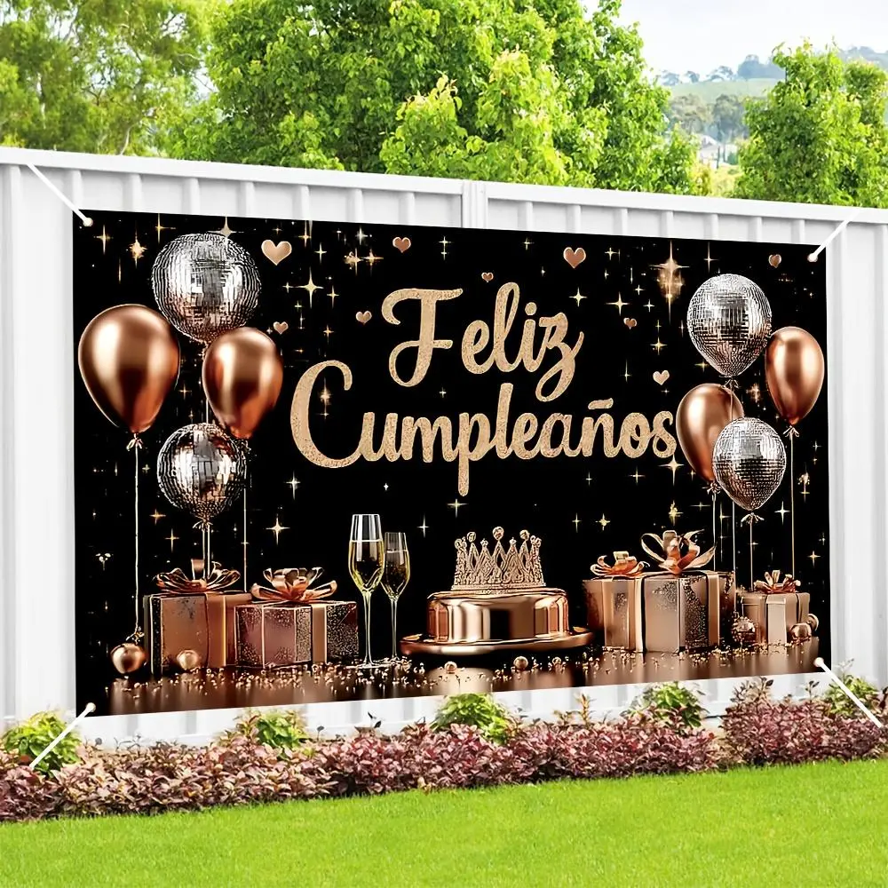 1pc Golden Rose 2D Flat Banner, 180x110cm Polyester Hispanic Themed Happy Birthday Backdrop, Festive Party Decoration Supplies, Indoor/Outdoor Ornament & Gift