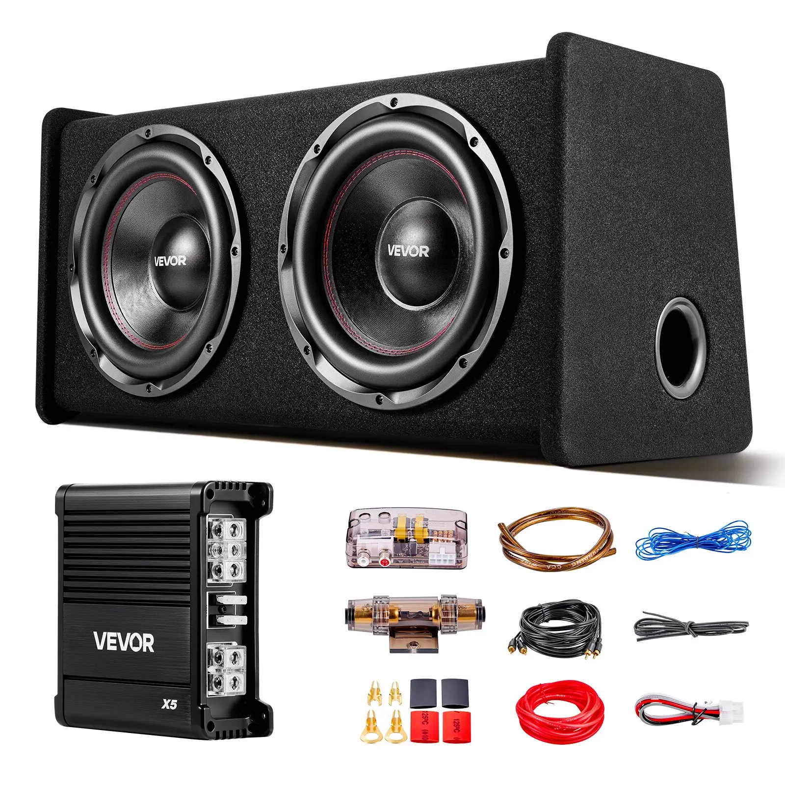 【Summerfinds】VEVOR Dual Car Audio Subwoofer & Amplifier Full Kit, 12-in 490W RMS Loaded Enclosure System, Separate Amplifier, Wiring Kit, Easy Install, Heat Stable, Low End Boost for Vehicle Trunks