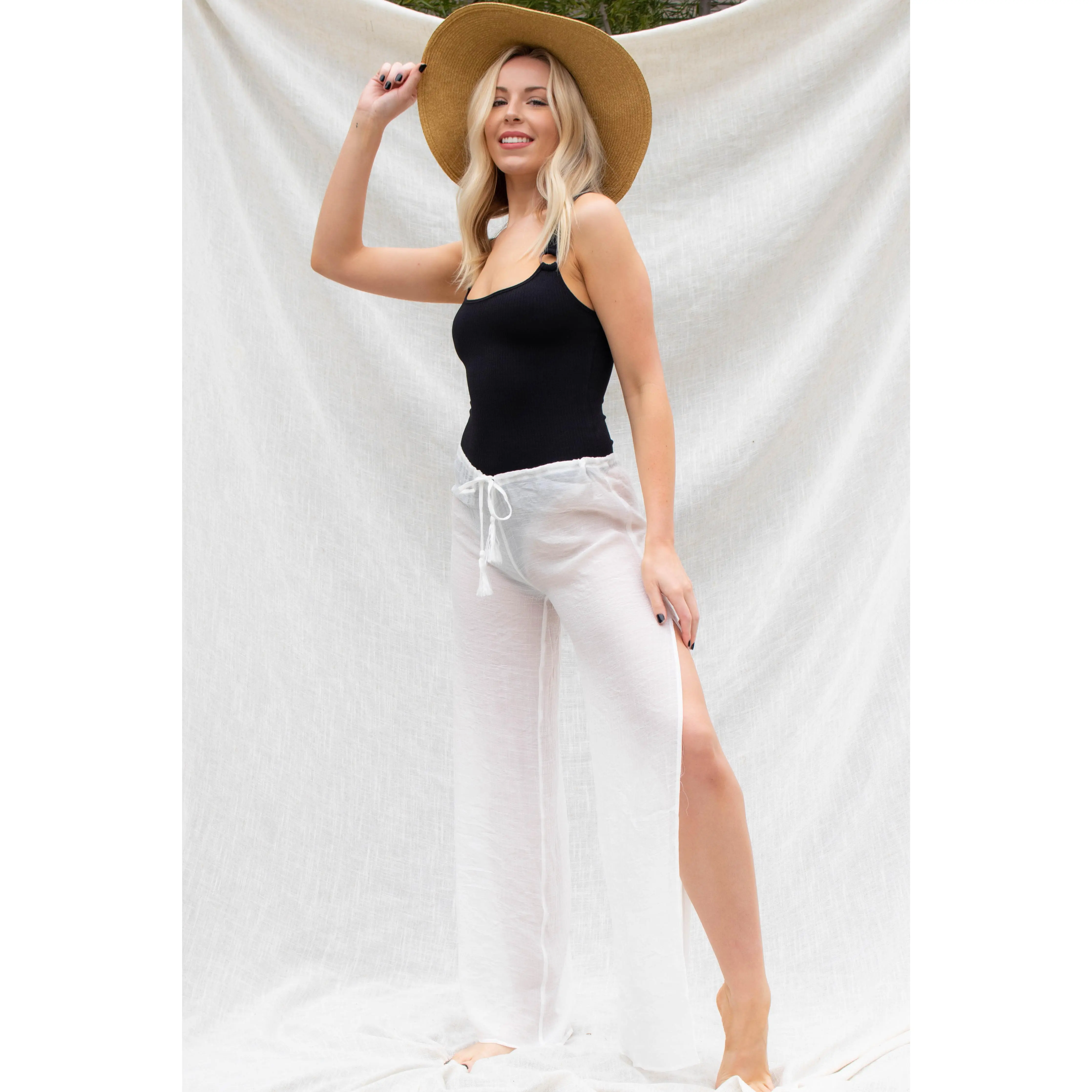Tassel Tie Side Slit Pants