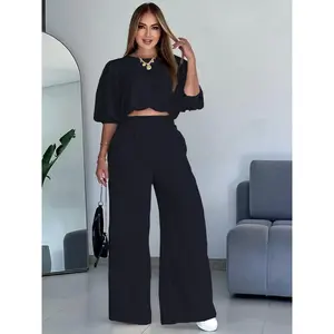 French-Style Loungewear Set, Loose-Fit Short Top & High-Waist Flowy Pants, Fashionable Casual Office Two-Piece Outfit
