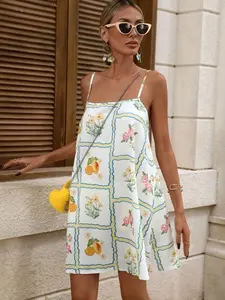 A women's floral and fruit-printed halter-neck off-the-shoulder sleeveless dress, loose-fitting and versatile, with a beachy vibe, Spaghetti Strap