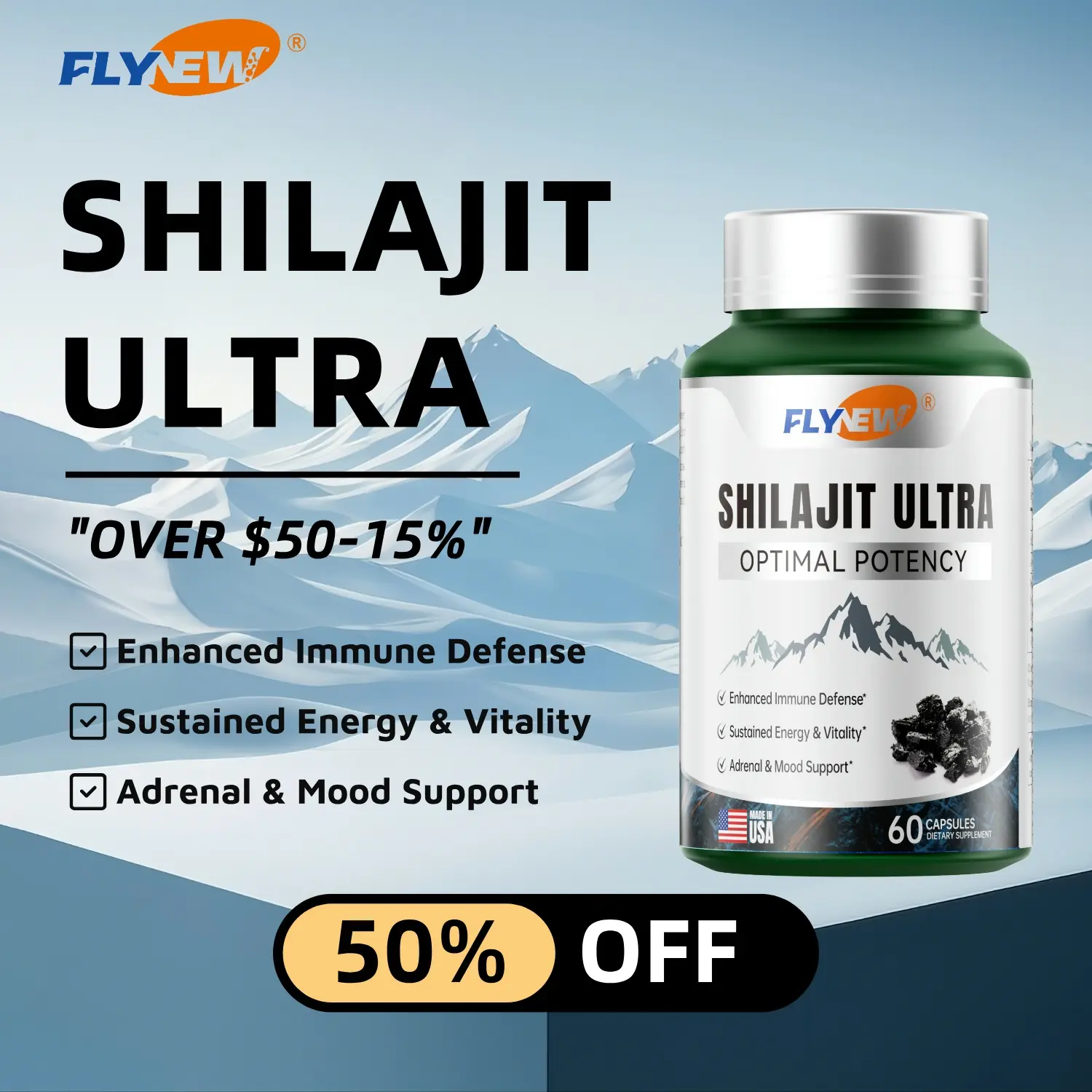 FlyNew Optimal Sh*lajit Ultra 60 Capsules - Made in USA with Essential Minerals for Healthy Aging & Immune System Support - Fulgent Life - Healthcare, Edible