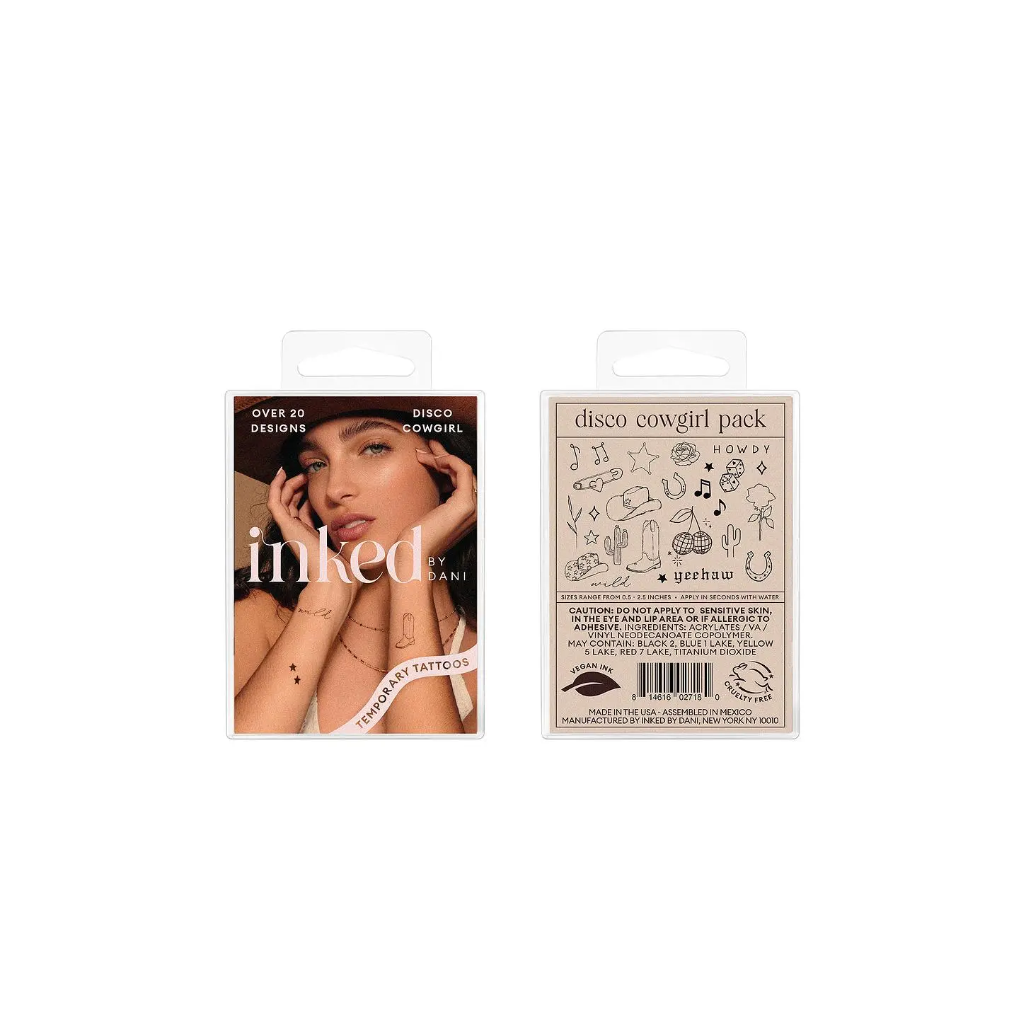 INKED by Dani Disco Cowgirl Temporary Tattoos Pack, Water-Proof Fake Tattoos for Beauty & Personal Care Makeup Use