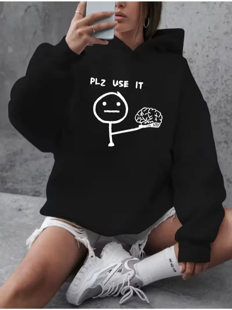 Plz Use It Stick Figure Brain Front Print Fleece Hoodie, Funny Meme Humor Pullover Hooded Sweatshirt, Daily Holiday Gift