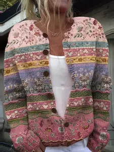 Women's Floral Patchwork Stripe Open Front Knitwear Cardigan, Vintage Round Neck Button Sweater, Bohemian Stitched Pattern Coat, Casual Long Sleeve Top
