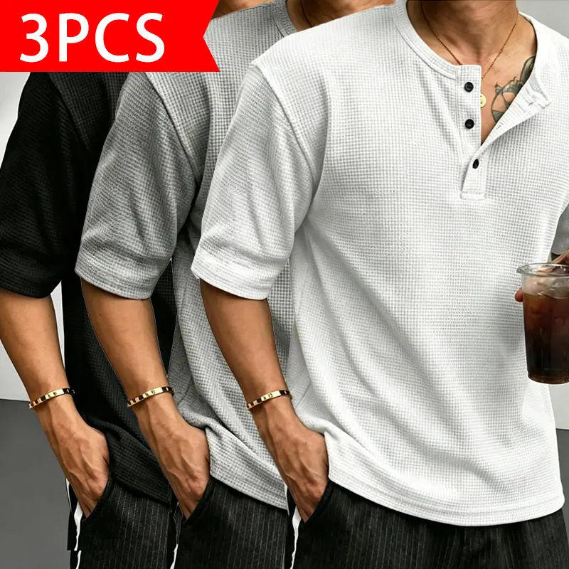 Men’s Classic Short-Sleeve Waffle-Knit Henley-Collar T-Shirt, Small Stand Collar, Half-Button Placket, Breathable Textured Knit Fabric, Relaxed Drop-Shoulder Fit, Solid Basic Streetwear Top for Casual Everyday Wear