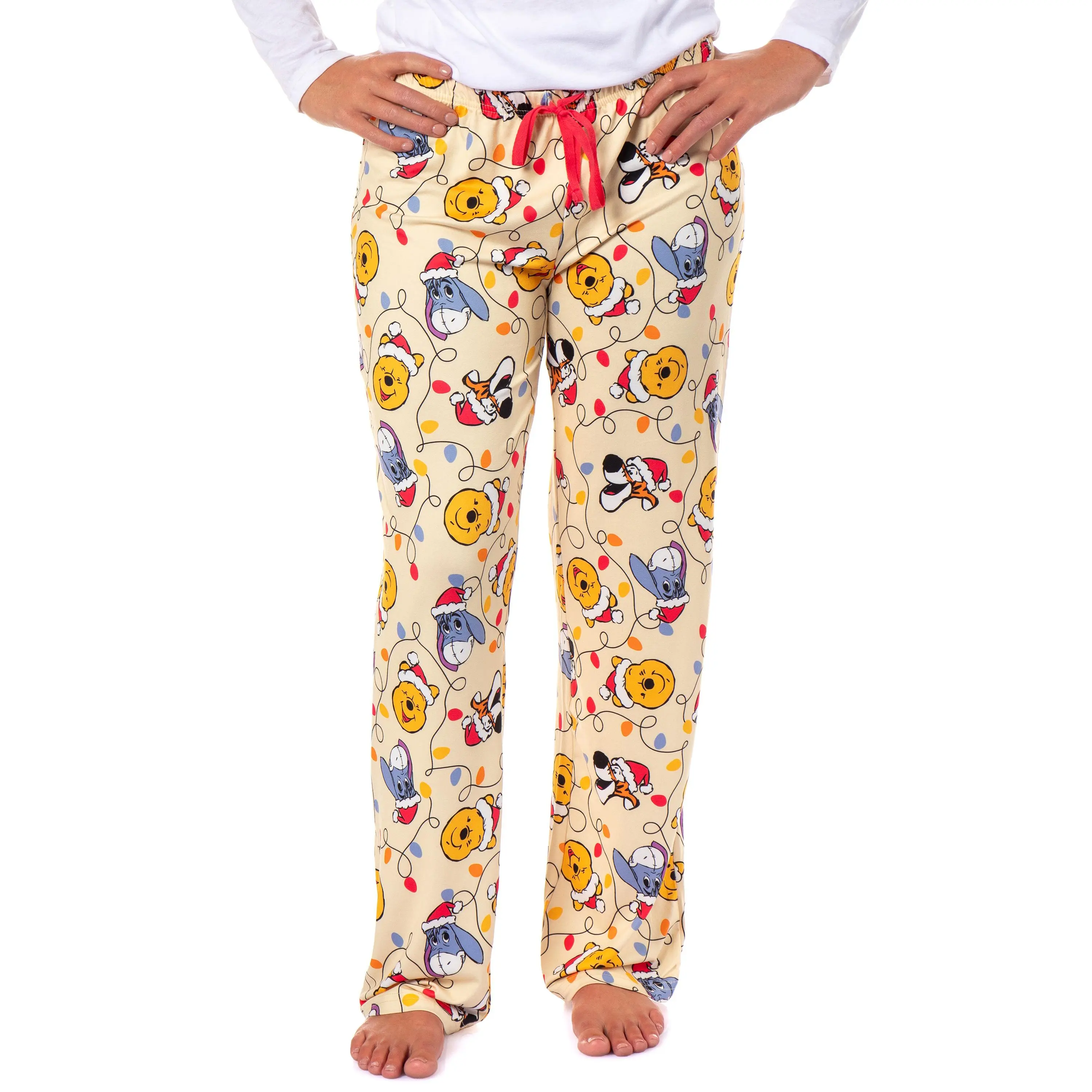 Disney Winnie The Pooh Women's Holiday Lights Character Design AOP Adult Lounge Sleep Pajama Pants, Love, Hats, Tee
