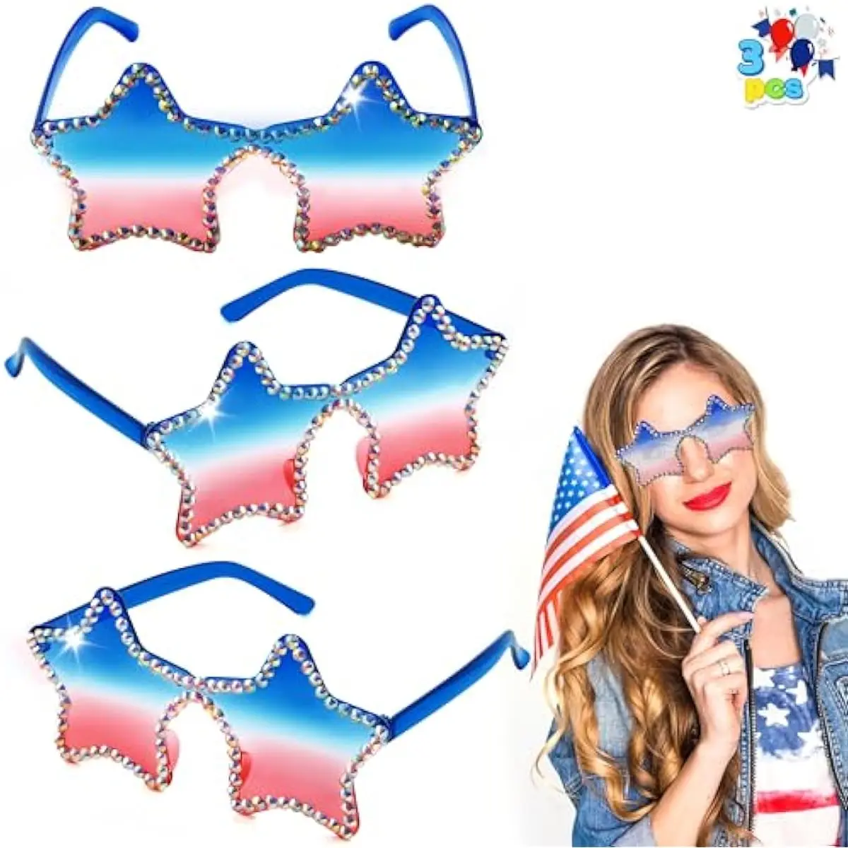 3 Pcs 4th of July Star Shaped Sunglasses, Red White Blue American Sunglasses with Rhinestoned Rim, Patriotic Eyewear for Women, Memorial Fourth of July Independence Day Party Parade Accessory