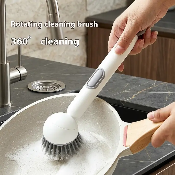 6-in-1 Rotating Scrub Dish Brush with Detergent Dispenser – Adjustable Angle Design, Suitable for Cleaning Pots, Pans, Dishes & Utensils, Comes with Wall Mount for Kitchen Sink, Stove & More