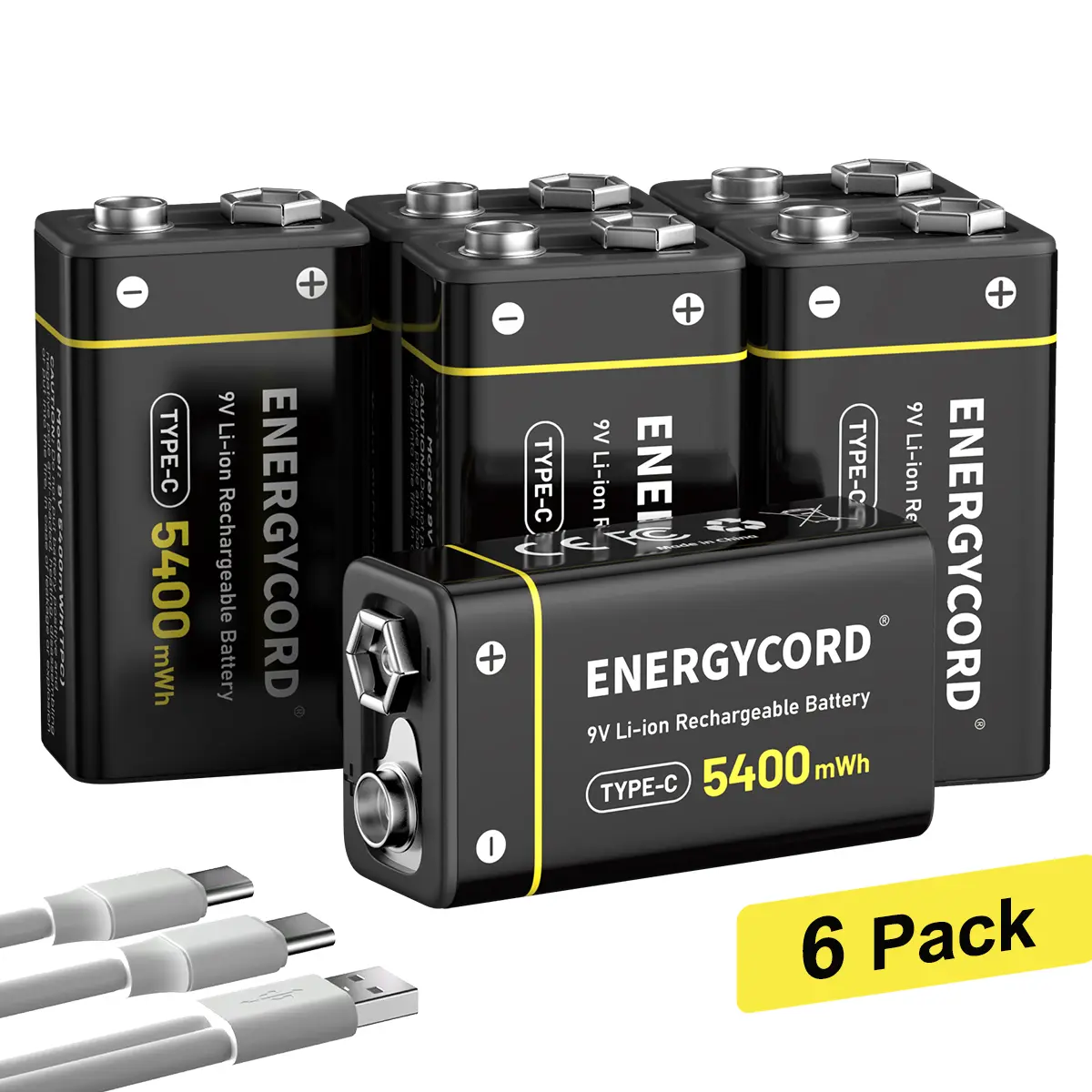 ENERGYCORD 6-Pack Rechargeable 9V Batteries USB 9 Volt Battery for Smoke Alarms 5400mWh 9v Lithium Battery with 2-in-1 USB-C Charging Cable and LED Charge Indicator