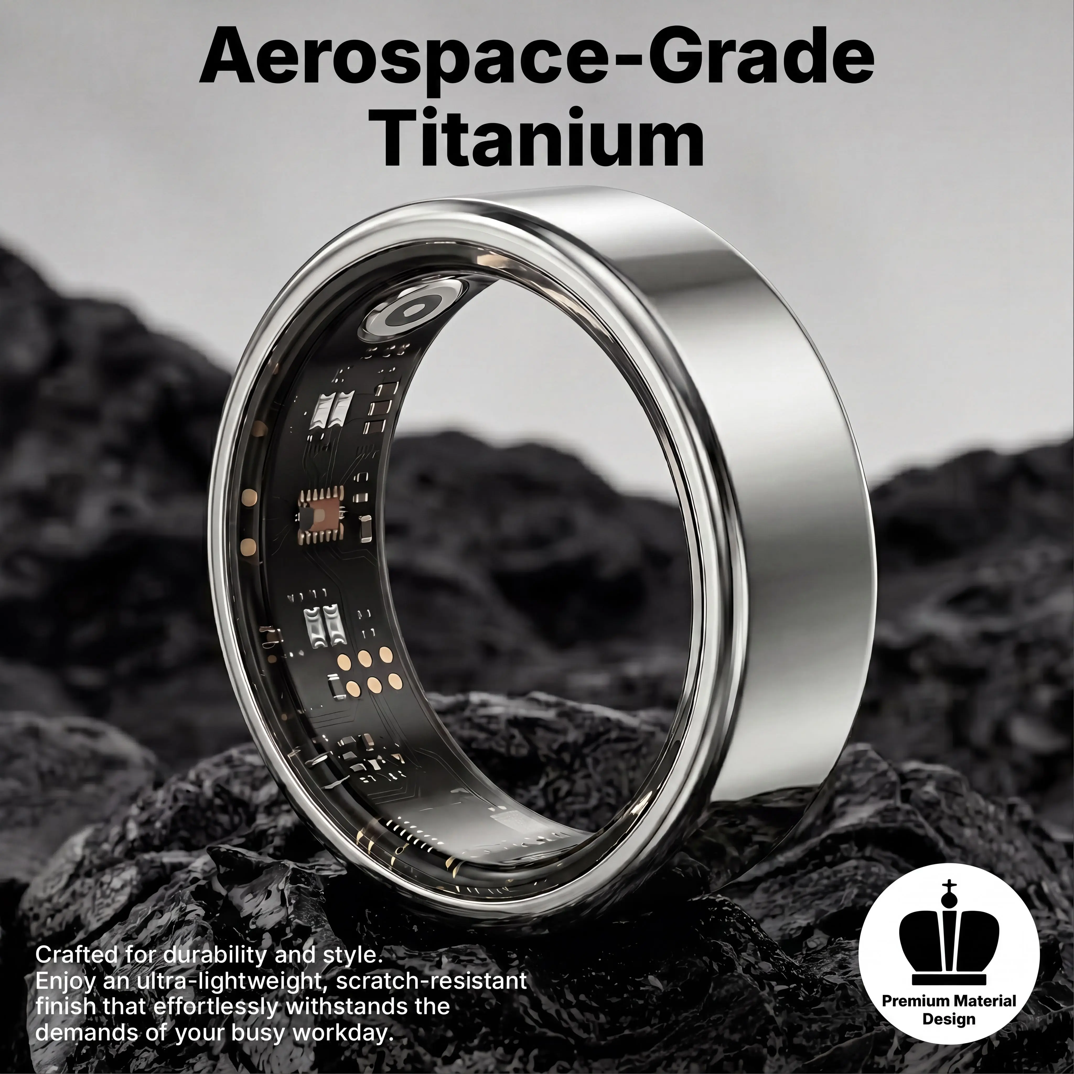 BRILO T07 Modern Round Smart Ring Health Tracker - Wearable Devices, Electronic Gadgets, Wireless Fitness Tracker for Work, Aerospace Titanium, 64kb+8kb Storage, IP68 Waterproof, Step Counter, Sleep Insights, Free App, Charging Case Included