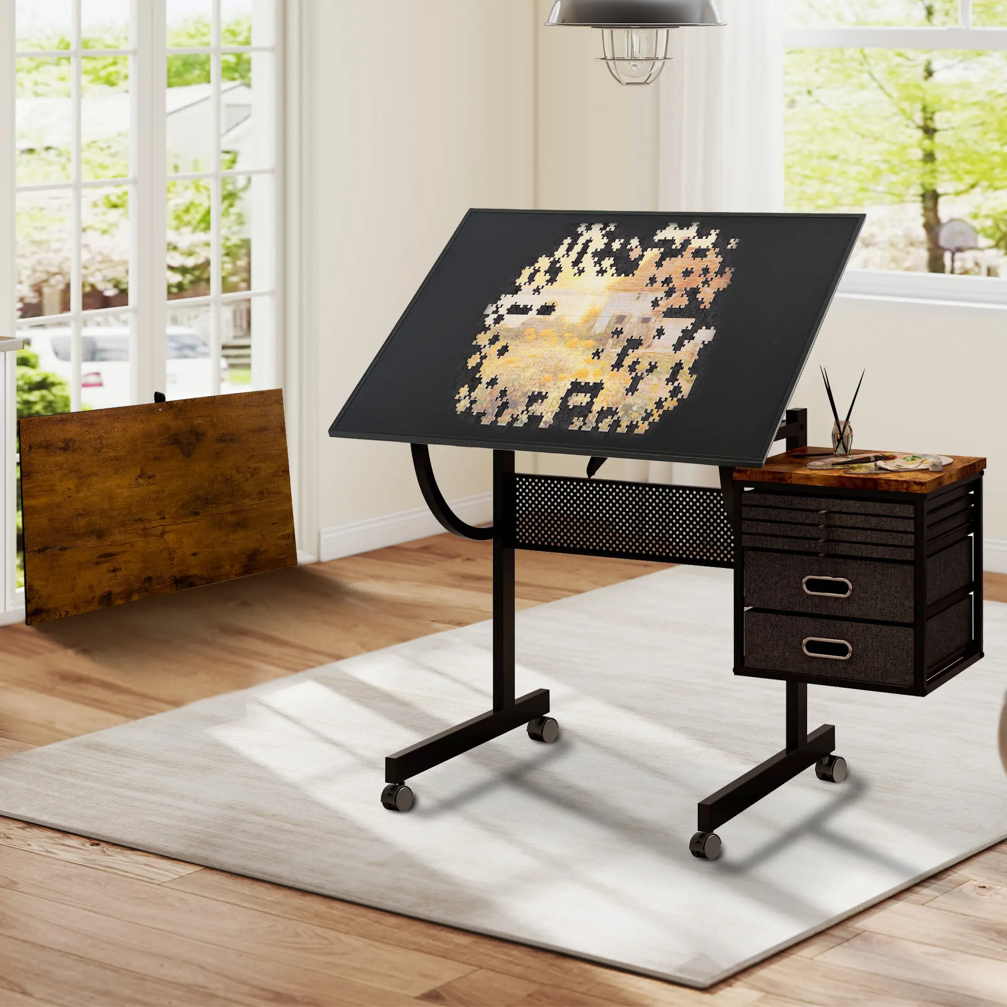 1500 Piece Jigsaw Puzzle Table Metal Board with 4 Trays 2 Storage Drawers 4 Wheels Black Coffee Table for Adults Living Room Home Office Multipurpose Craft Hobby Desk, Living Room Table for Sofa Side, Bedroom, Office, Apartment and Home Decor