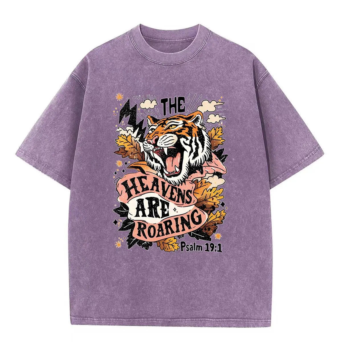 Men's Purple Acid-Washed Oversized Tshirt with Roaring Tiger Graphic, Soft 100% Cotton Retro Streetwear, Shortsleeve Crewneck for Chinese New Year, Valentines Day