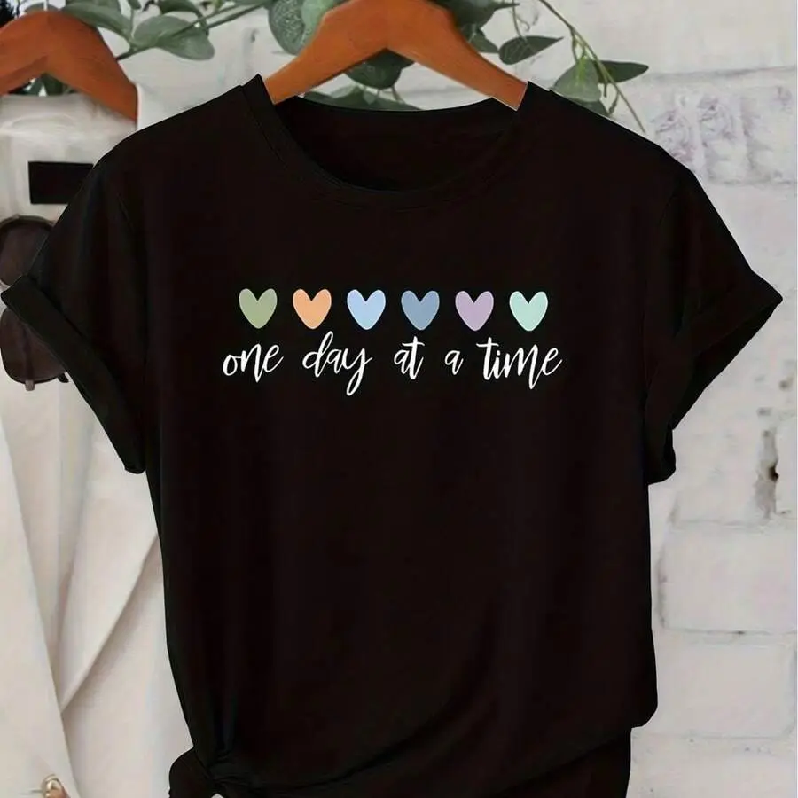 Women's Short Sleeve Series Color Love "One Day At A Time" Cure Wind Printing Round Neck Leisure Fashion Commuting Daily Retro Autumn And Winter Clothing Young Women's Short Sleeve T-Shirt