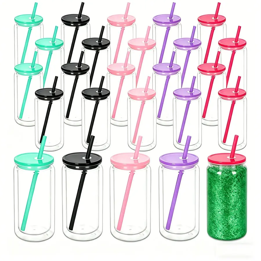 25-Pack 16 oz Double Wall Acrylic Snow Globe Tumblers with Pre-Drilled Hole & Silicone Plug, BPA-Free Reusable Plastic Water Bottles for DIY Glitter Projects, Transparent Cold Drink Drinkware