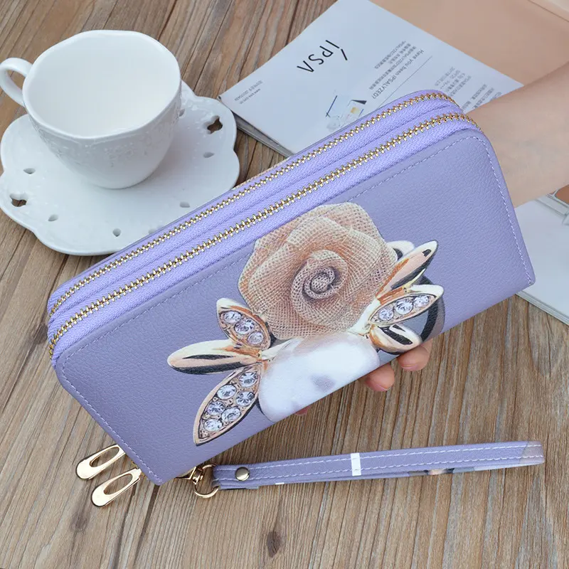 W20-Women Quilted Long Wallet Single Zipper Wristlet Clutch Purse Ethnic Printed Strap Large Capacity Card Cash Coin Ladies Hand Purse
