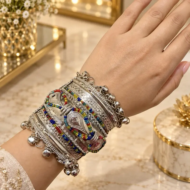 Traditional Afghan Kuchi Silver-Tone Bangle Bracelet Set – Multicolor Jewelry