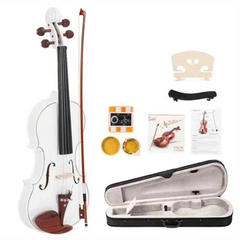 GV103 4/4 Size Spruce Panel Violin, Matte White Finish, Violin Accessories Kit with Rosin, Rosin Violins