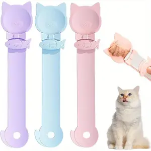 Cat Head Design Food Dispenser Feeder Spoon Scoop, 3 CountLong Handle Licking Food Feeding Spoon, Cat FoodFeeding Supplies for Daily Use
