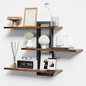Floating Shelves for Wall, Wood Wall Shelves for Bathroom, 3 Tier Shelves for Wall Decor, Decorative Hanging Storage Shelf for Bedroom Kitchen Living Room, Wall Mounted Shelf, Rustic Brown and Black, Wall Shelf Unit, Wall Organizer Shelf