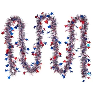 VeriNatural Garland – 2×9FT Red, White & Blue Glitter Tinsel with Stars – Party Decor for Indoor & Outdoor