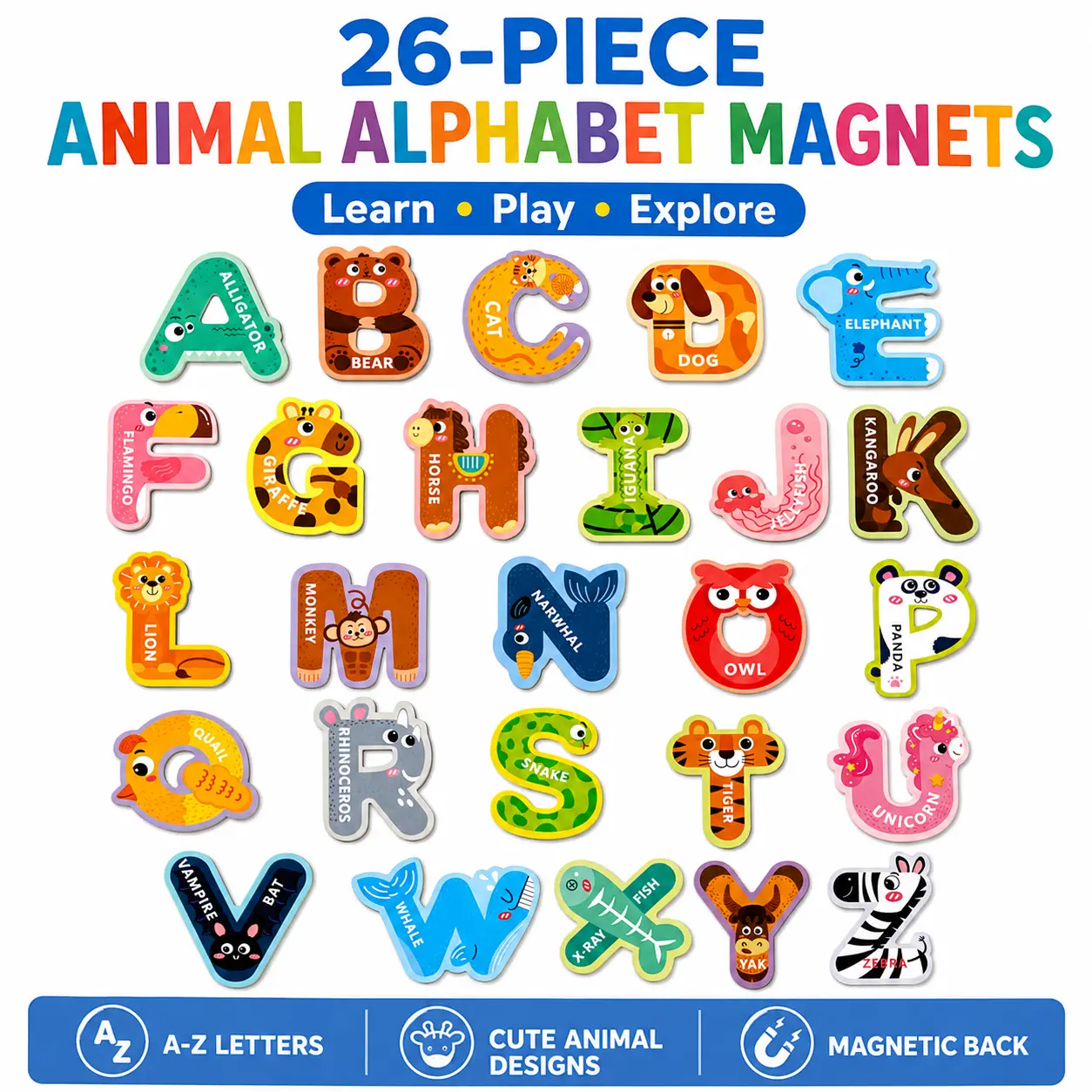 26-Piece Animal Alphabet Magnets for Kids, Large EVA Foam ABC Letter Magnets, A-Z Animal Letters for Refrigerator & Magnetic Boards, Preschool Learning Toy for Ages 3-5, Educational Gift
