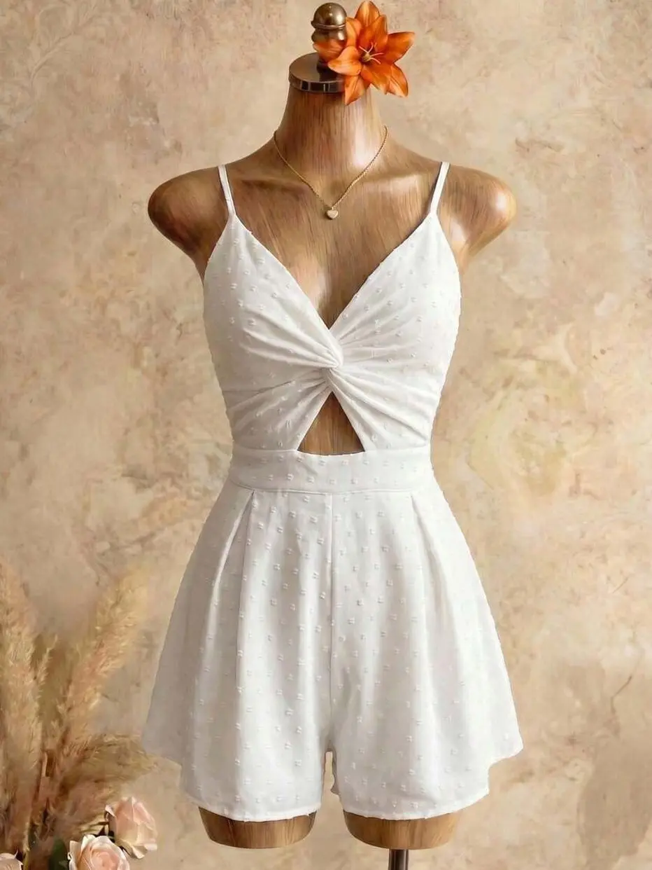 Bellisia White Swiss Dot Twist Front Cutout Romper | Deep V Camisole Open Back Pleated Shorts Jumpsuit | Summer Beach Bridal Outfit