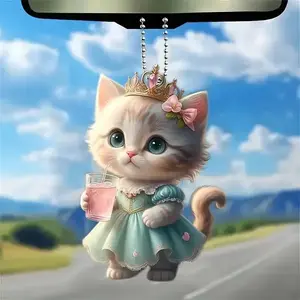 Beautiful CUTE Adorable 2D Acrylic Flat Cat Pendant or Cars Bags and Keys Hanging Ornament with Chain Cat-Shaped Xmas Keychain NONE