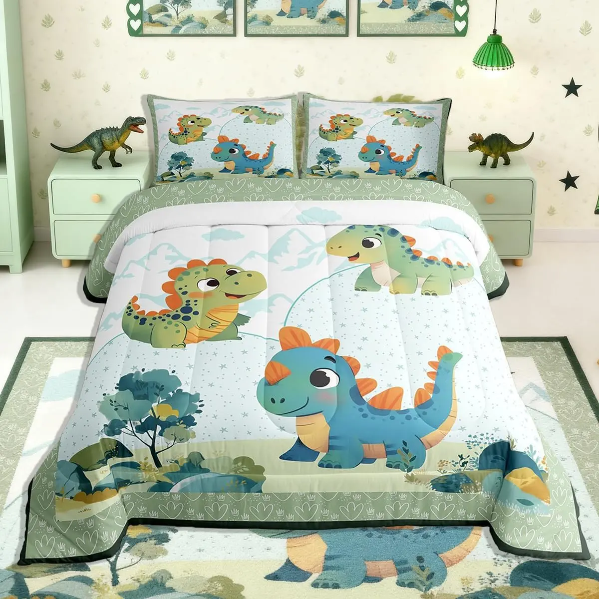 Cartoon Dinosaur Comforter Set Tree Pattern Bedding Set Cute Cartoon Duvet Quilt Bedroom Decor Microfiber Ultra Soft Breathable