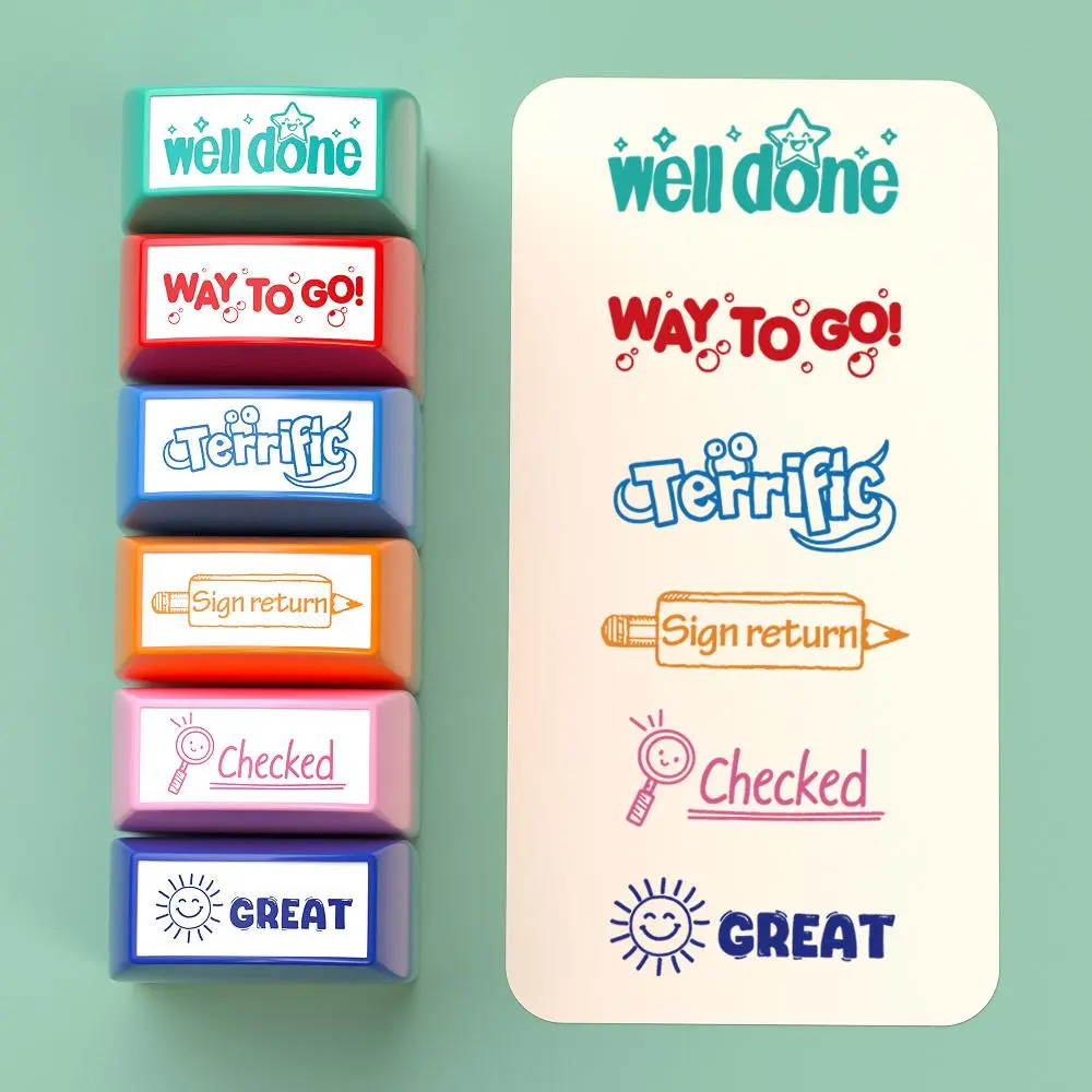 Colorful Stamp Set, 12pcs/set Self-inking Stamp with Storage Tray Organized, Teacher Grading Stamp, Encouragement Stamp, Teachers Tool for Home School Office Classroom Use Mark Student Work Positive Reinforcement, Checked, Way to go, Well Done