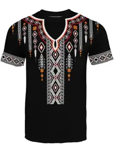 Men's Geometric Print Casual T-Shirt, Ethnic Clothing Print, Breathable Sweat-Wicking Fabric, All-Season Comfort Fit Shirt
