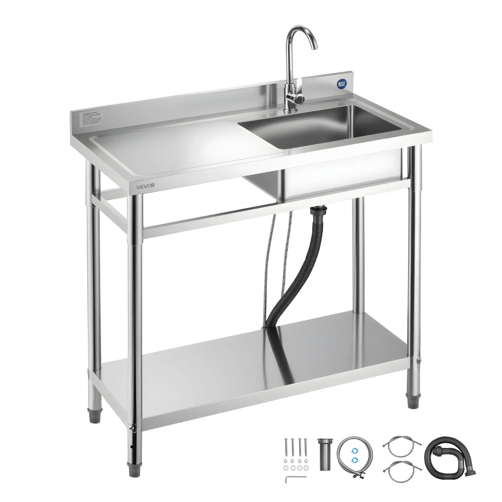 VEVOR Free-Standing Stainless Steel Utility Sink, Single Left Basin with 3-in-1 Adjustable Bar Faucet, Hot & Cold Water Pipe, Anti-Clog Drainage System, Strainer Basket, 39.4x19.7x37 in, for Garage, Patio, Outdoor Kitchen Use