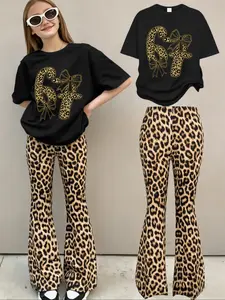 Girls' Fashion Leopard Print Children's Clothing Set: "67" Leopard Print Number with Bow Pattern Printed Short-sleeve T-shirt + Leopard Print Flared Pants Two-piece Set, casual and comfortable, suitable for going out, festivals, and party outfits