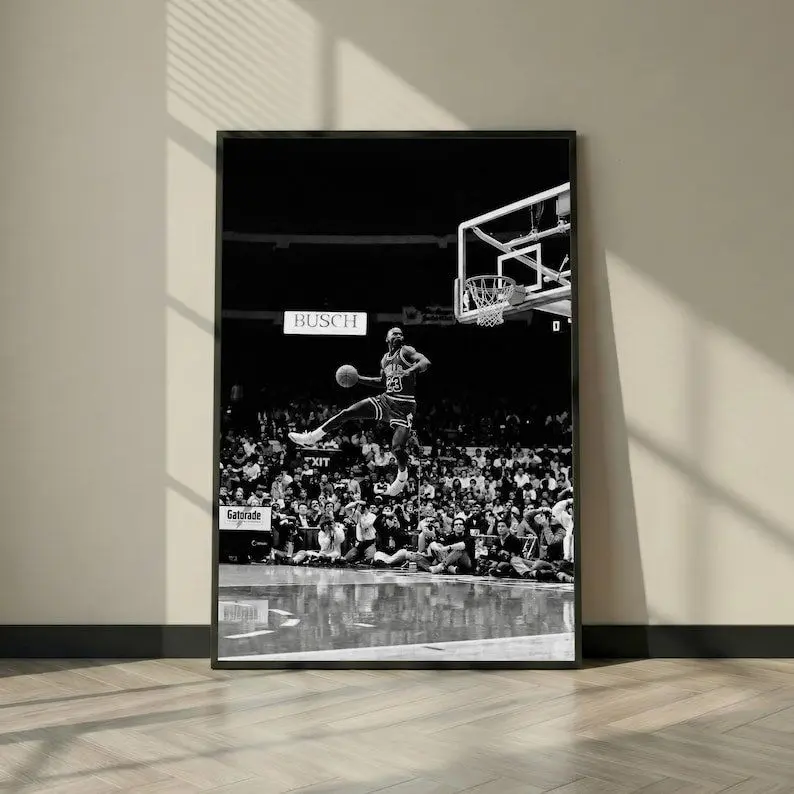 Michael Jordan Dunk Poster, Black and White Basketball Wall Art, Vintage NBA Style Sports Print1 - (Unframe)