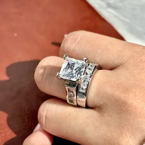 JJ CHIC Two-Piece Square Ring Set for Women, Princess Cut Deluxe CZ Ring - Ideal for Engagement and Wedding, Personal Statement Jewelry or Gift
