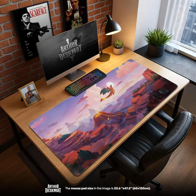 Fire Type Anime Deskmat, Gaming Desk Mat, Kanto  Lava Themed Anime Mousepad  Anime, Desk Mat Gaming Gear for Work Game Office Home, Gift for Friends (NO RGB LED)